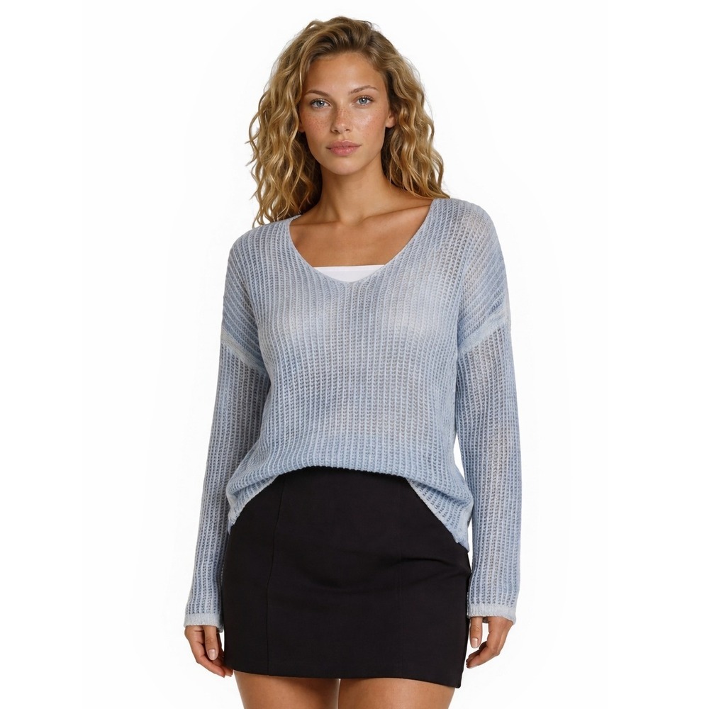 Made in Italy Women's Size Medium Blue White Acid Wash Open Knit Crochet Sweater